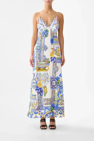 Camilla V Neck Full Length Bias Slip Dress Milla In Sevilla In Multi