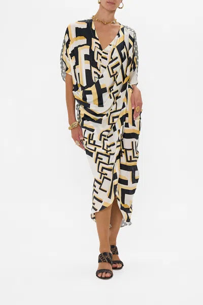 Camilla V Neck Gathered Shoulder Draped Kaftan Temples Of Dendara In Black