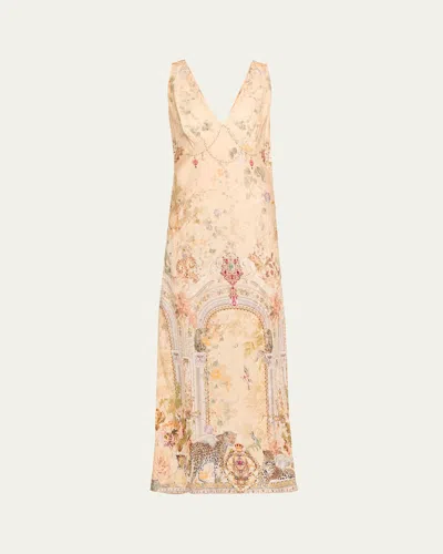 Camilla V-neck Jacquard Slip Midi Dress In Adorned In Antiquity