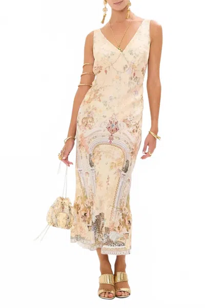 CAMILLA V-NECK JACQUARD SLIP MIDI DRESS IN ADORNED IN ANTIQUITY