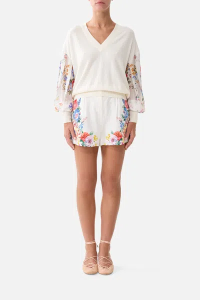 Camilla V Neck Knit Jumper With Silk Sleeve I Left My Heart In Granada In Multi