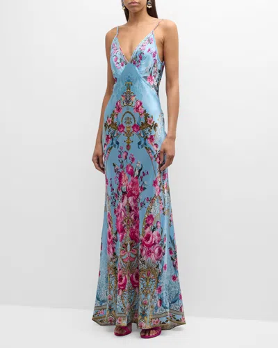 Camilla Crystal-embellished Floral-print Silk-satin Maxi Dress In Blue