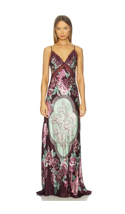 Camilla V Neck Long Bias Slip Dress With Train In Multi