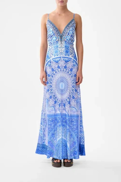 Camilla V-neck Long Bias Slip Dress With Train In Multi