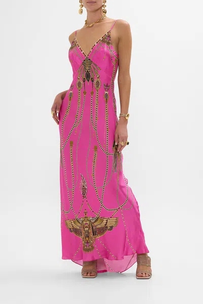 Camilla V Neck Long Bias Slip Dress With Train Song Of The Scarab In Pink