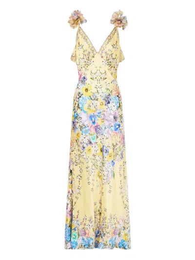 Camilla Embellished Floral Ruffled Silk Satin Maxi Dress In Yellow