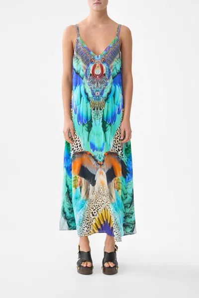 Camilla V Neck Midi Slip Dress Jungle Flight In Blue
