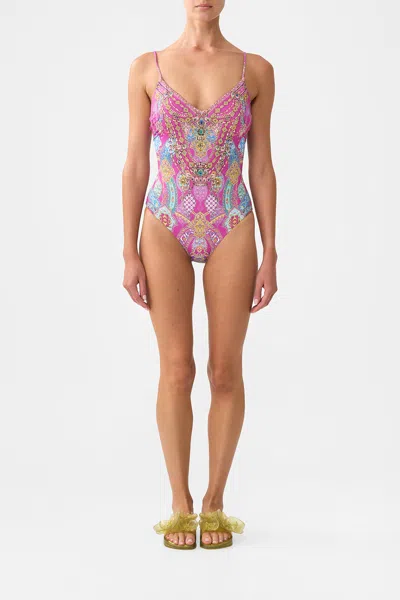 Camilla V Neck One Piece With Lace Up Tie Back Concubines In Pink