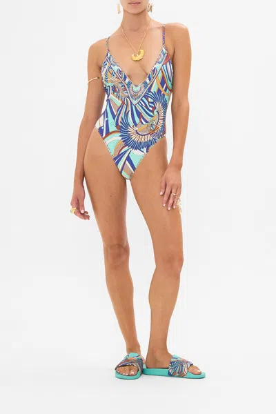 Camilla V Neck One Piece With Multicolour Stitching Oasis Oracle In Blue