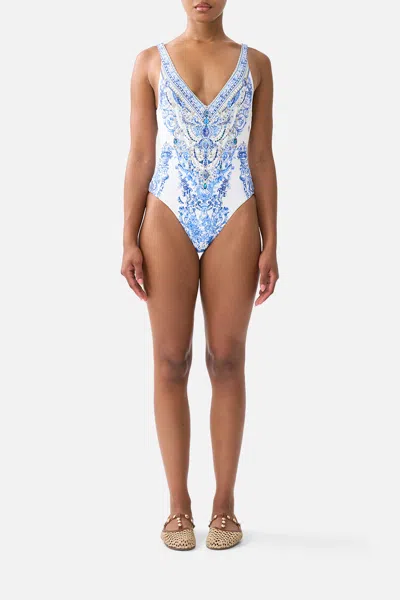 Camilla V Neck One Piece With V Back Ceramic Panoramic In White