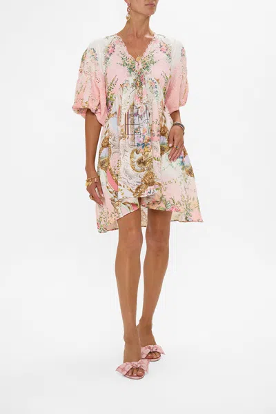 Camilla V Neck Puff Sleeve Short Dress Lisbon Lullaby In Pink