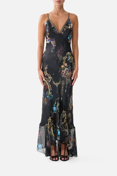 Camilla V Neck Slip Dress With Flounce Hem Night Garden In Black