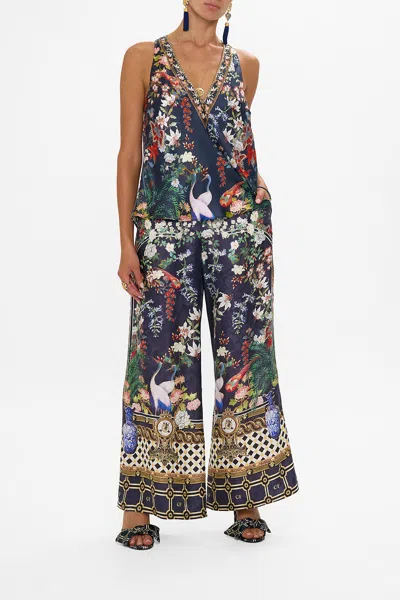 Camilla Crystal-embellished Printed Silk-twill Top In Blue