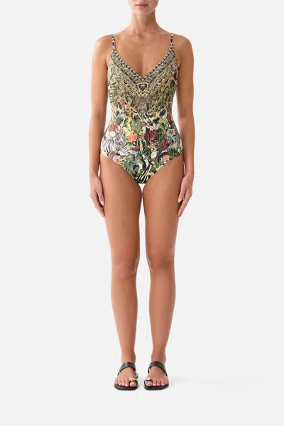 Camilla V Neck Underwire One Piece W Back Closure Leotigra Land In Multi