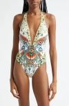 Camilla Low Back Halter One Piece With Trim Valley Of The Queens In Valley Of The Queens