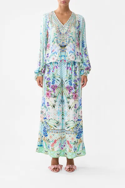 Camilla V-neck Blouson Sleeve Blouse Sunrise In Sintra In Blue