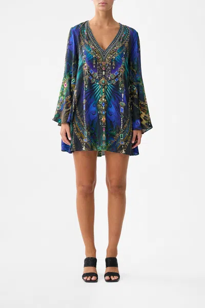 Camilla V-neck Flared Sleeve Mini Dress Dominican Decadence In Blue