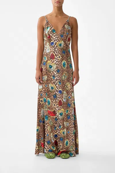 Camilla V-neck Full Length Bias Slip Dress In Nazar Nirvana In Brown