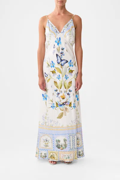 Camilla V-neck Long Bias Slip Dress With Train Botanical Ballads In White