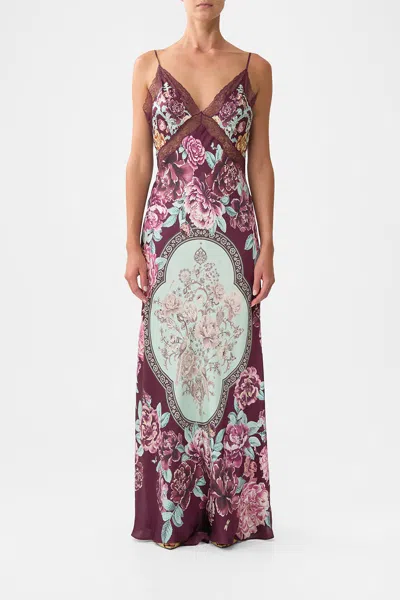 Camilla V Neck Long Bias Slip Dress With Train In Multi