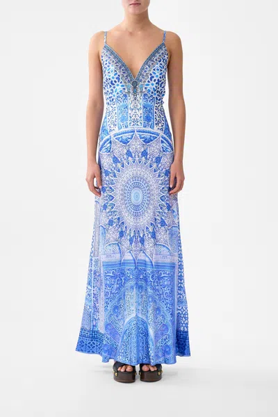 Camilla V-neck Long Bias Slip Dress With Train The Bosphorous In Blue