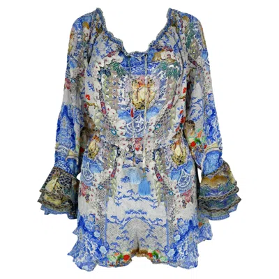 Camilla V-neck Printed Romper In Multicolor Silk In Blue