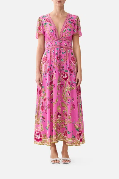 Camilla V-neck Tie Front Midi Dress Matadora Flora In Pink