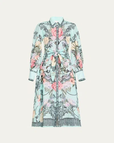 Camilla Waist-tie Floral Linen Maxi Shirtdress In Petal Promise Land