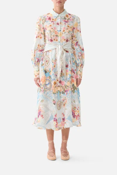 Camilla Floral Long Sleeve Waist Tie Linen Shirtdress In Blue