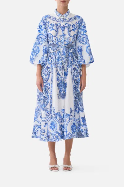 Camilla Waist Tie Shirt Dress With Bubble Sleeve Ceramic Panoramic In White