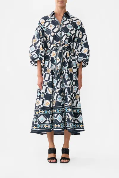 Camilla Waist Tie Shirt Dress With Bubble Sleeve Folk Afloat In Black