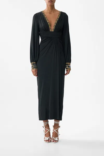 Camilla Waisted Draped Jersey Dress Ottoman Elegance In Black