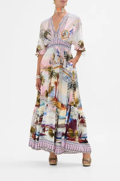Camilla Waisted Dress With Hem Ruffle Call Me In Cairo In Pink