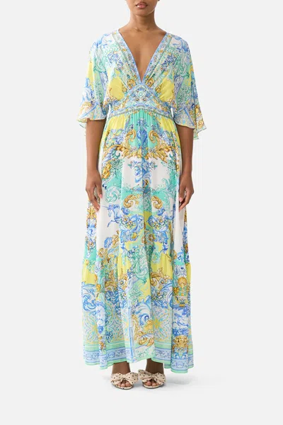 Camilla Waisted Dress With Hem Ruffle Dial Up The Tiles In Multi