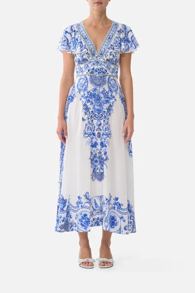 Camilla Waisted Midi Dress With Flutter Sleeve Ceramic Panoramic In White