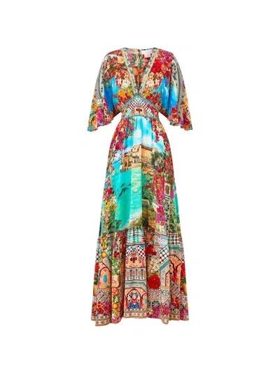 Camilla Waisted Ruffled-hem Maxi Silk Dress In Red