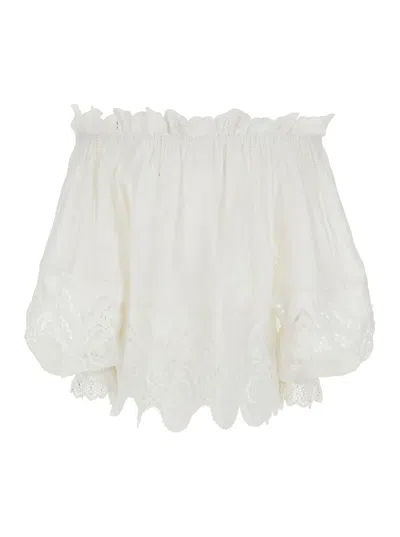 Camilla White Off-shoulder Top With Elastic Neckline And All-over Embroidery In Linen Woman