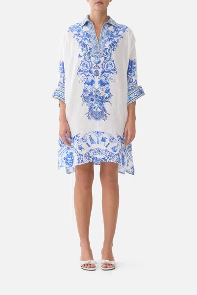 Camilla Ceramic Panoramic Wide Body Collared Kaftan Coverup In Blue