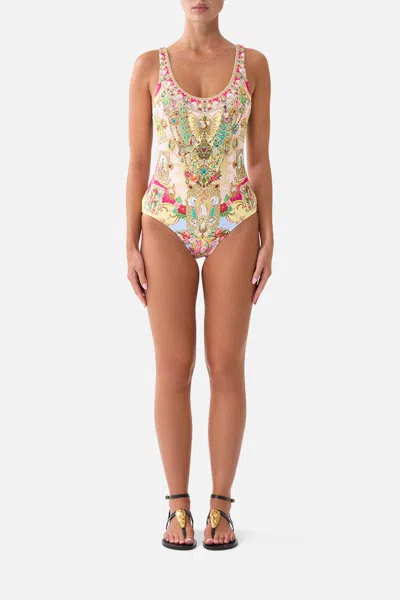 Camilla Wide Strap Round Neck One Piece W Low Back Painted Prayers In Multi