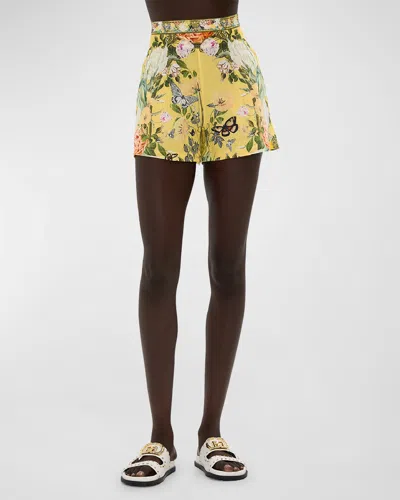 Camilla Wide Waistband Floral Linen Shorts In Paths Of Gold