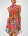 Camilla Windmills And Wildflowers Tie Neck Mini Dress In Windmills And Wildflowers