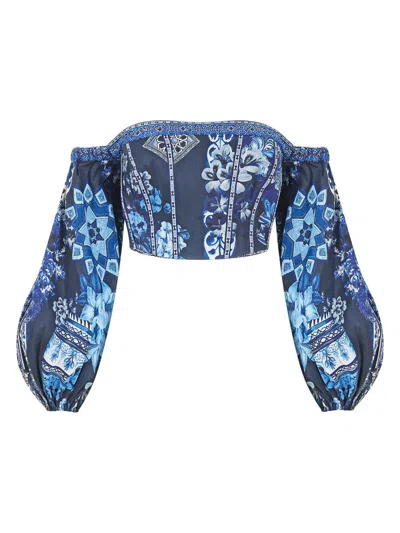 Camilla Women's A Tiled Wonderland Printed Off-the-shoulder Crop Top In Blue