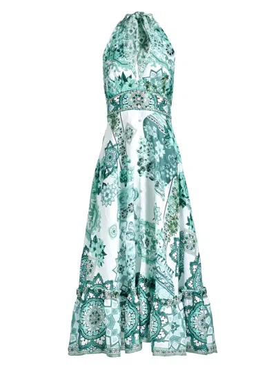 Camilla Embellished Ruffled Halterneck Linen Midi Dress In Blue