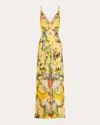 Camilla Floral Silk Long Bias Slip Dress With Train In Yellow