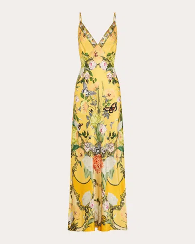 Camilla Floral Silk Long Bias Slip Dress With Train In Yellow