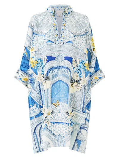 Camilla Wide Body Collared Kaftan In Blue