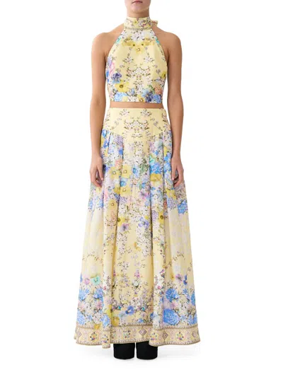 Camilla Women's Floral Corset Waist Linen-silk Maxi Skirt