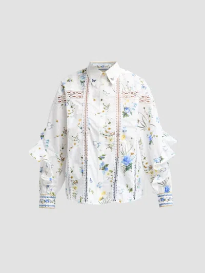 Camilla Women's Floral Cotton Frill Shirt In White