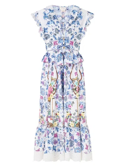 Camilla Women's Floral Ruffled Cotton Midi-dress In Blue