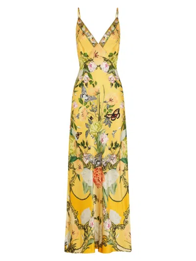 Camilla Floral Silk Long Bias Slip Dress With Train In Paths Of Gold